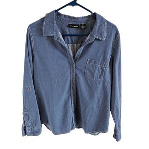 DKNY JEAN Woman SZ L Button Up Shirt Blue With Stars Linen Blend Roll Tab Sleeve